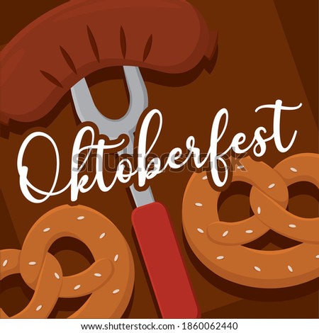 german sausage and pretzels oktoberfest brown background full color poster icon- Vector