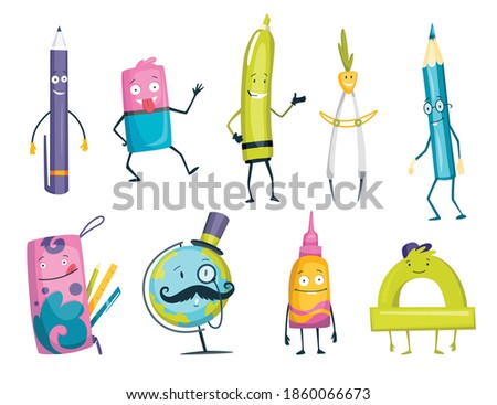 Set of cartoon characters of school supply items with happy faces. Back to school funny smileys. Vector objects isolated on white background