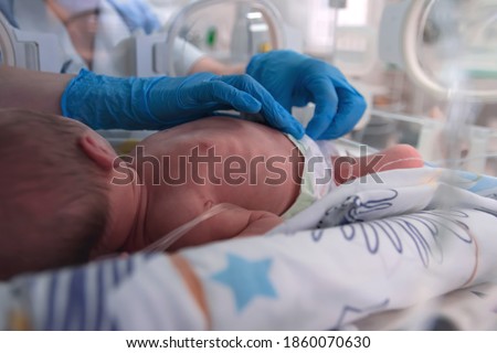 Nurse in blue gloves takes action to monitor and care for premature baby, selective focus. Newborn is placed in the incubator. Neonatal intensive care unit Royalty-Free Stock Photo #1860070630