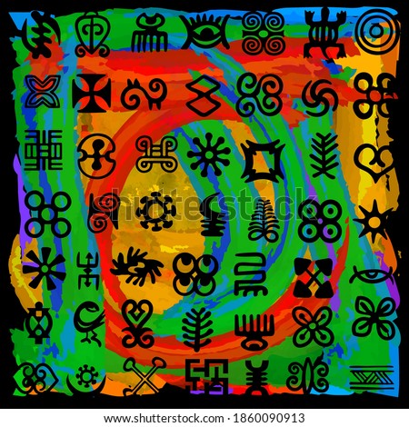 African Adinkra Pattern - digital art ritual symbols and screen printing nations and tribes Akans of Ghana and Cote DIvoire. Kitsch style