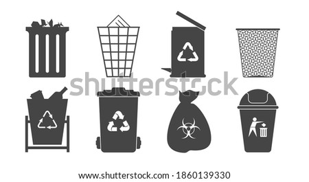 Eight black and white trash cans and trash bins icons. Flat style illustration.