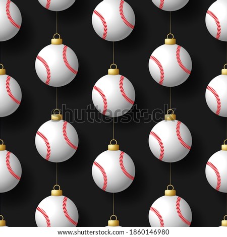 Merry Christmas baseball seamless pattern. Hang on a thread realistic baseball ball as a Christmas ball on black horizontal background. Sport Vector illustration.
