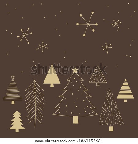 Golden pines and snowflakes vector illustration.