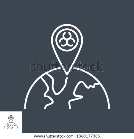 Epidemic related vector thin line icon. Biohazard positioning mark on globe. Isolated on black background. Editable stroke. Vector illustration.