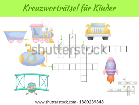 Kreuzworträtsel für Kinder - Crossword for kids. Crossword game with pictures. Kids game and activity worksheet printable version. Educational game for study German words. Vector stock illustration.