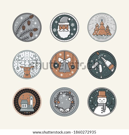 Christmas Cartoon Icon Set with Snowflakes, Christmas tree, Champagne, Santa Claus, Deer, Wreath, Snowman, Snow Ball in Flat style. For business, holidays, Xmas elements Collection vector illustration