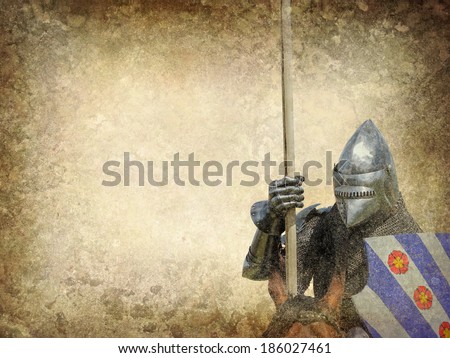 Armored knight on warhorse - retro postcard on vintage paper background