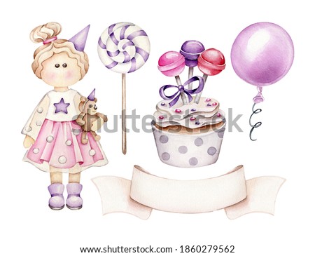 Watercolor birthday collection:doll,candy,cupcake,balloon, ribbon.Birthday girl.Cartoon toy.Isolated elements for greeting card,poster