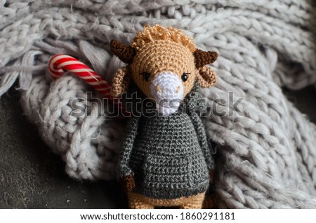 Crochet bull on crochet background. Place for text. 2021 new year symbol. Handmade crochet toy.