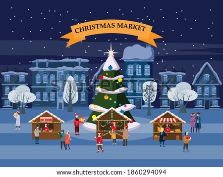 Christmas Market holiday fairs or festive on city square. People walk and buy between canopy, stalls, kiosks. Background silhoutte old town, Xmas tree. Vector illustration isolated