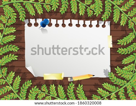 Top view of blank paper on table with leaves elements illustration