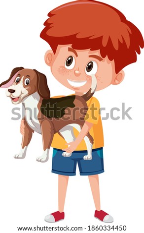 Boy holding cute animal cartoon character isolated on white background illustration