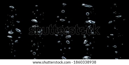 collection water bubble white oxygen air, in underwater clear liquid with bubbles flowing up on the water surface, isolated on a black background