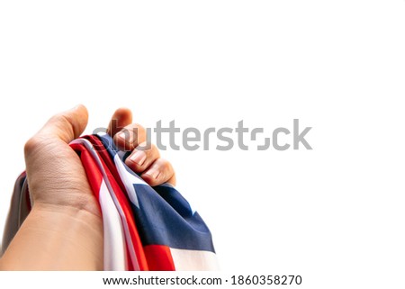 Human hand with flag of USA. Presidents Day concept. Flyer for ad.