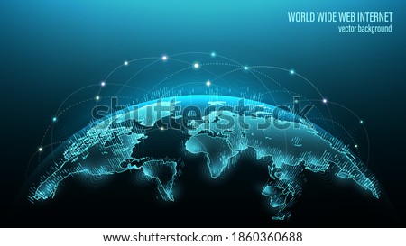 Blue futuristic background with planet Earth. Vector. Internet satellites transmit signals. Map of the planet. Global social network. Future. Internet and technology. Floating blue plexus geometric.   Royalty-Free Stock Photo #1860360688
