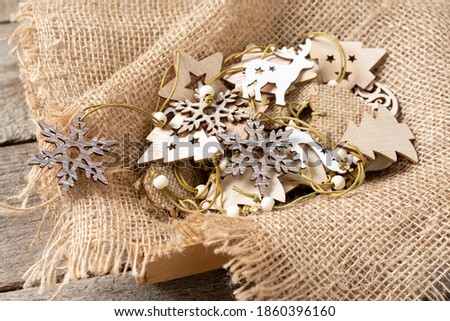 Environmental  wooden Christmas decorations in a wooden box. Zero waste	
