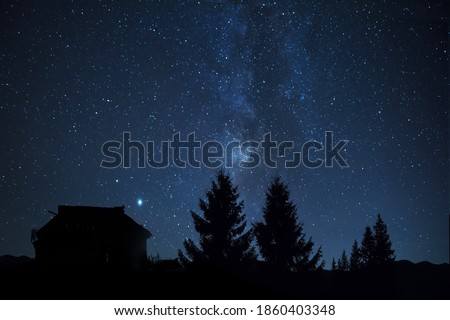 Silhouettes of a huge fir tree and an old vintage house. against the background of the starry sky and the Milky Way. Night photo. Fabulous mystical photo.