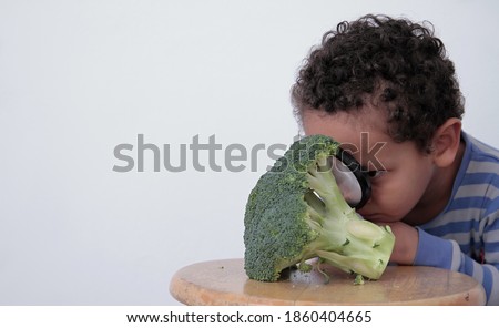 little boy looking at broccoli with grey background stock photo