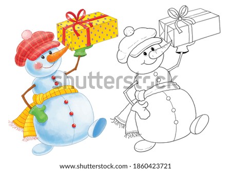 New Year, Christmas, winter. A cute snowman. Coloring page. Illustration for children. Cute and funny cartoon characters