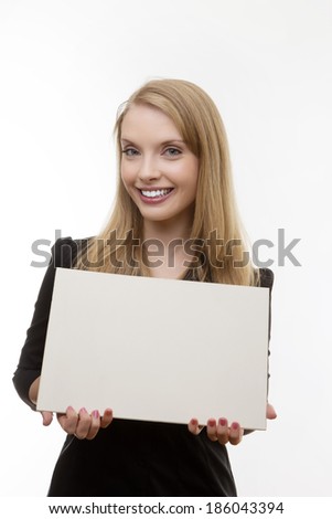 happy woman holding a blank piece card