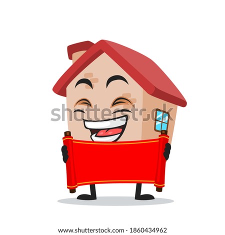 vector illustration of house mascot or character holding blank red scroll