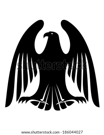 Black eagle silhouette with raised wings and long feathers for tattoo logo or heraldry design