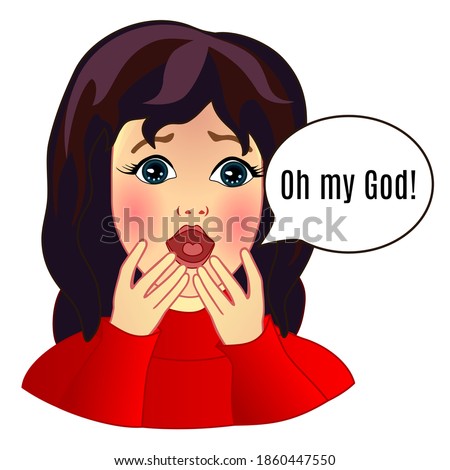 Emoticon with a girl who is horrified says Oh, God! color simple emoji on white isolated background, vector illustration
