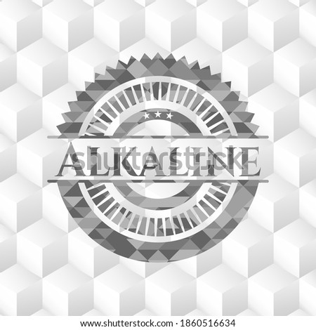 Alkaline grey badge with geometric cube white background. 