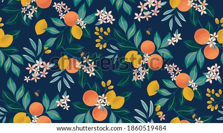 Vector illustration of seamless floral pattern with fruits. Design for cards, party invitation, Print, Frame Clip Art and Business Advertisement and Promotion