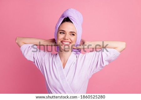 Close-up portrait of nice pretty cheerful girl wearing turban on head enjoying smooth perfect skin isolated over pink pastel color background