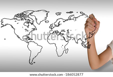 Right hand girl drawing a world map