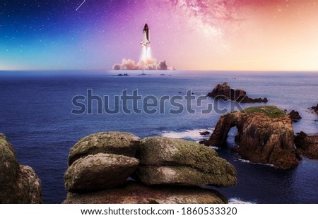 Space shuttle starts from the ocean. Dramatic starry sky