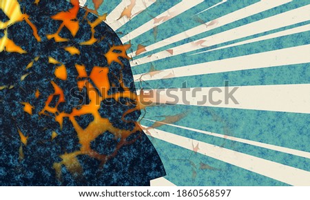 profile head cracks with fire splinters with ray background and grunge texture for mental illness nervous breakdown psychosis illustration