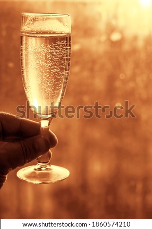 male hand Holding a one Glass of sparking Champagne. sunset golden sky background.