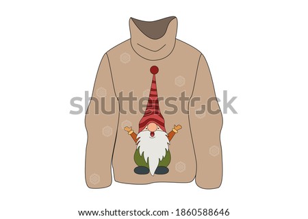 Natural color sweater with a gnome. Knitted warm