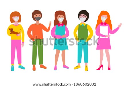 People in protective medical face masks. Men and women wearing protection from virus. Happy girl waving hand ot friend. Vector illustration in a flat style