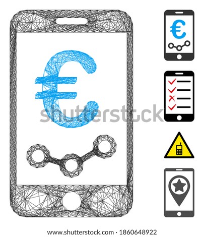 Vector wire frame Euro mobile report. Geometric wire frame flat net generated with Euro mobile report icon, designed with crossing lines. Some bonus icons are added.