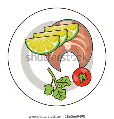 delicious salmon meat with lemon and tomato fast food icon vector illustration design