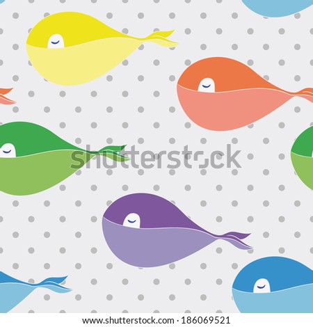 hand drawn cartoon cute whales on polka dots background seamless pattern