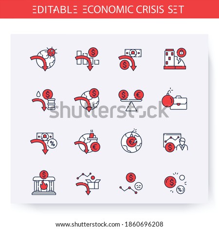 Global economic crisis line icons set. Financial crisis and profit drop. Market collapse, global financial fall, threat to business and more. Isolated vector illustrations. Editable stroke 