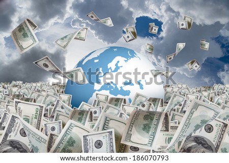 One hundred dollar banknotes flying and falling on money farm and around earth globe, cloudy background.