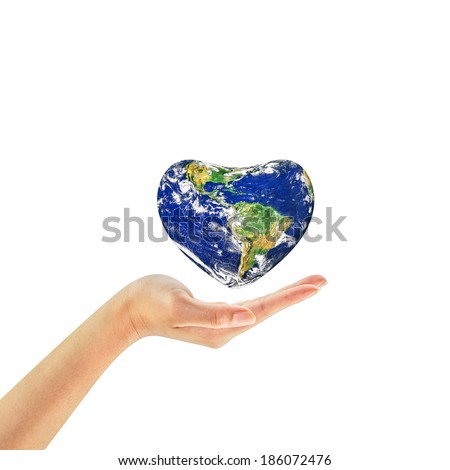 A conceptual for loving the world, globe heart shape in woman hands isolated on a white background. Elements of this image furnished by NASA