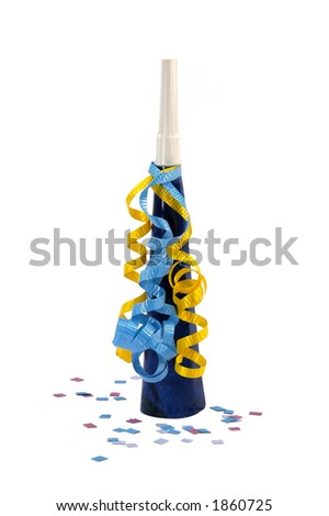 party horn, streamers, some confetti on white background