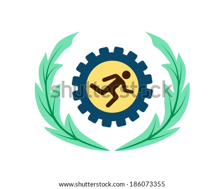 Vector drawing of gear wheel. Man runs inside a circle.