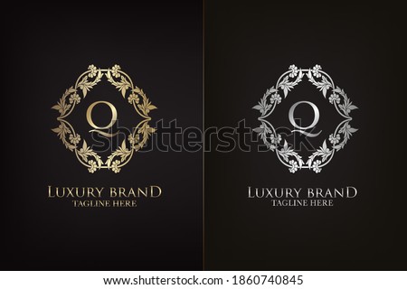 Q Letter Luxury Frame Decoration  Initial Logo, Elegance Gold and Silver Ornate Emblem Decorative Frame for wedding or boutique  Logo identity Design