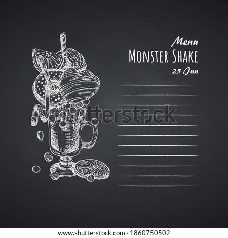 Monster shake dessert menu, chalkboard background. Hand drawn black and white sketch style Chocolate, donut, ice cream, candy, cookies, marshmallow Design for restaurant, cafe, bar Vector illustration