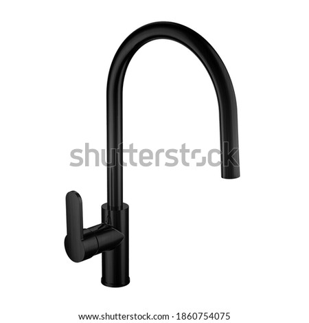 Brushed satin black metal kitchen curved water tap isolated on white background. Coal black sprinkler for kitchen and bath, interior design