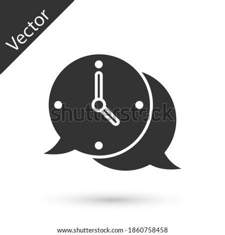 Grey Clock with speech bubble icon isolated on white background. Time sign. Office watch or timer symbol. Vector.