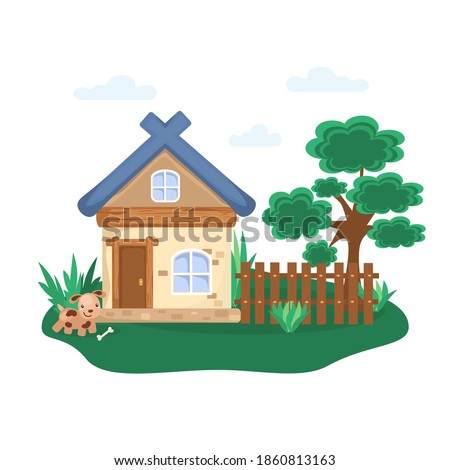 Vector illustration in a flat style. A country house in a village with a dog. 