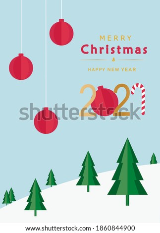 Happy New Year card or Merry Christmas greeting poster for festive winter holiday with present, ball, tree, candy on blue background in cut paper modern design. Xmas poster flyer in vector